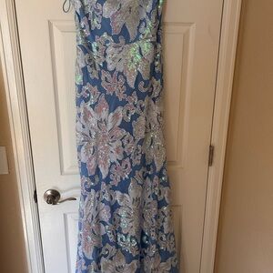 Blue and Silver Sequin Floral Gown